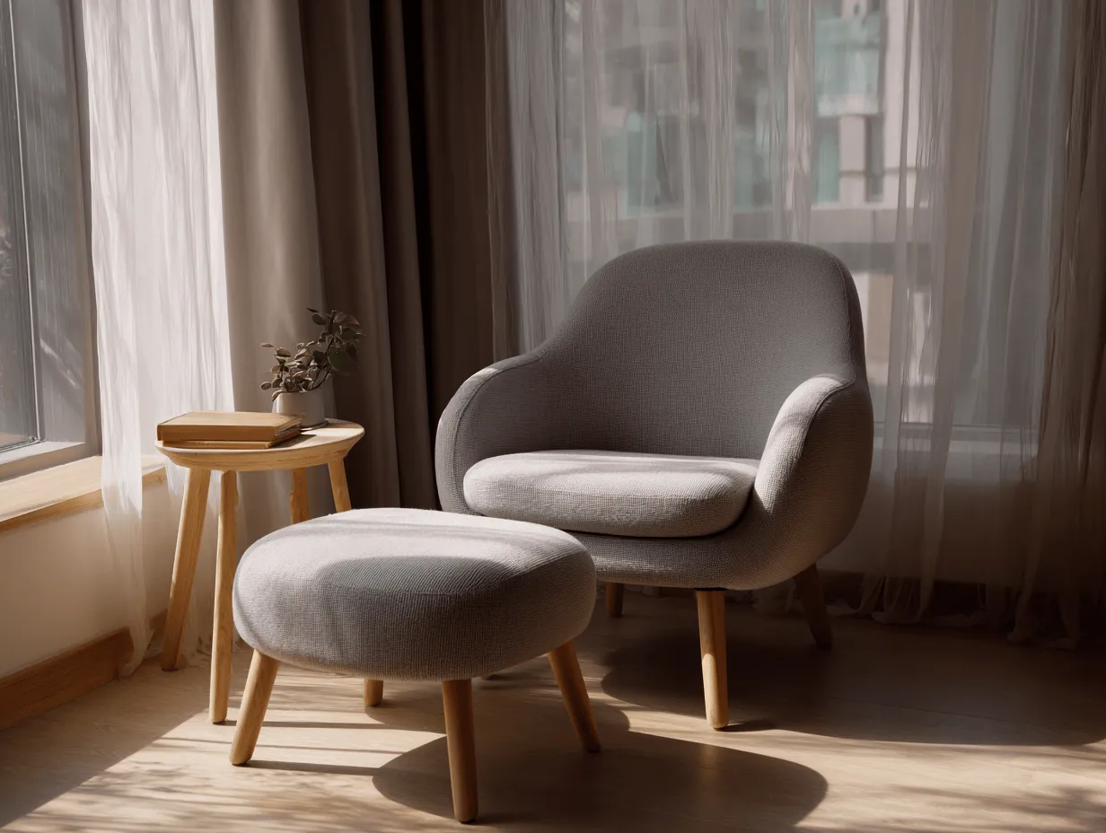 Fauteuil scandinave en tissu gris avec repose-pieds – design moderne – pieds en bois naturel – 70x70x75 cm-Nicheota