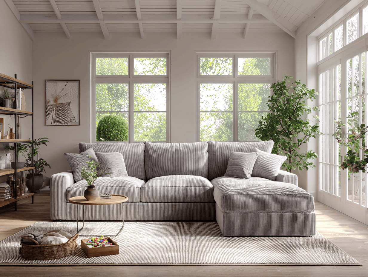 Canapé d’angle 4 places en velours côtelé 310×170×90 cm – gris clair – style contemporain avec coussins décoratifs-Nicheota