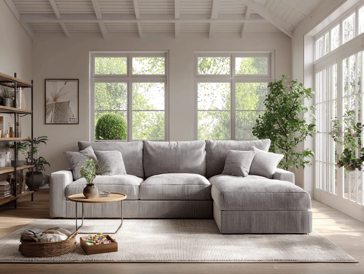 Canapé d’angle 4 places en velours côtelé 310×170×90 cm – gris clair – style contemporain avec coussins décoratifs-Nicheota