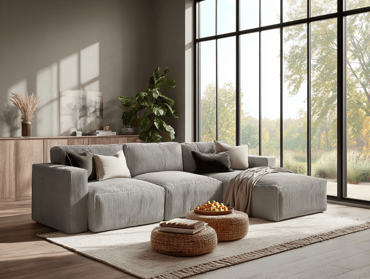 Canapé d’angle 4 places en velours côtelé 320×170×85 cm – gris clair – style moderne avec coussins décoratifs-Nicheota