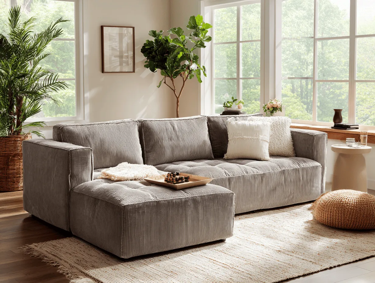 Canapé d'angle tissu côtelé 280×190 cm – gris clair – avec méridienne et coussins-Nicheota