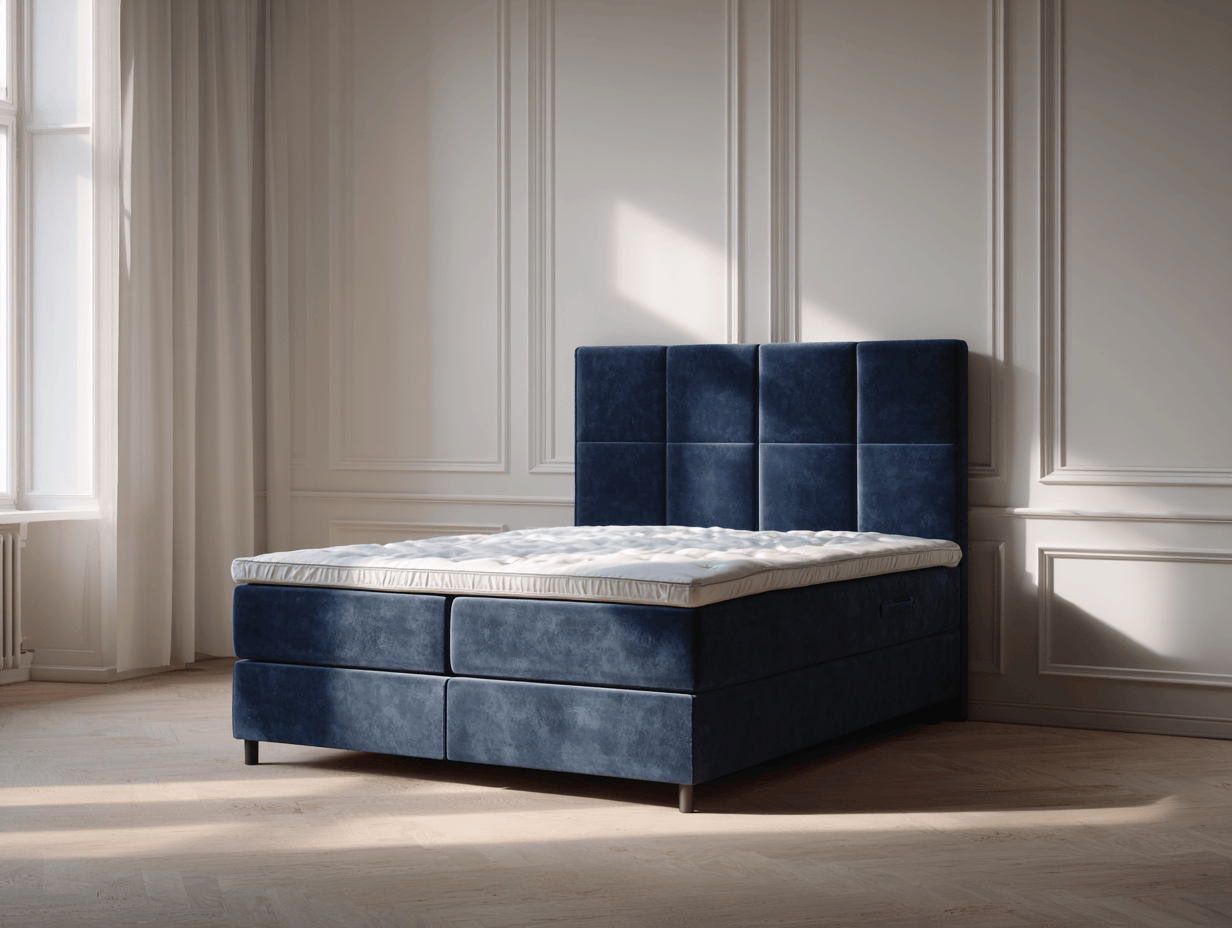 Lit à ressorts avec cadre en velours bleu et tête de lit carrée 160x200 cm – avec pieds en métal-Nicheota
