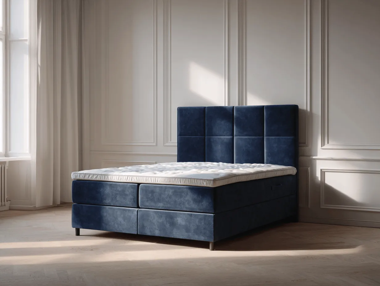 Lit à ressorts avec cadre en velours bleu et tête de lit carrée 160x200 cm – avec pieds en métal-Nicheota