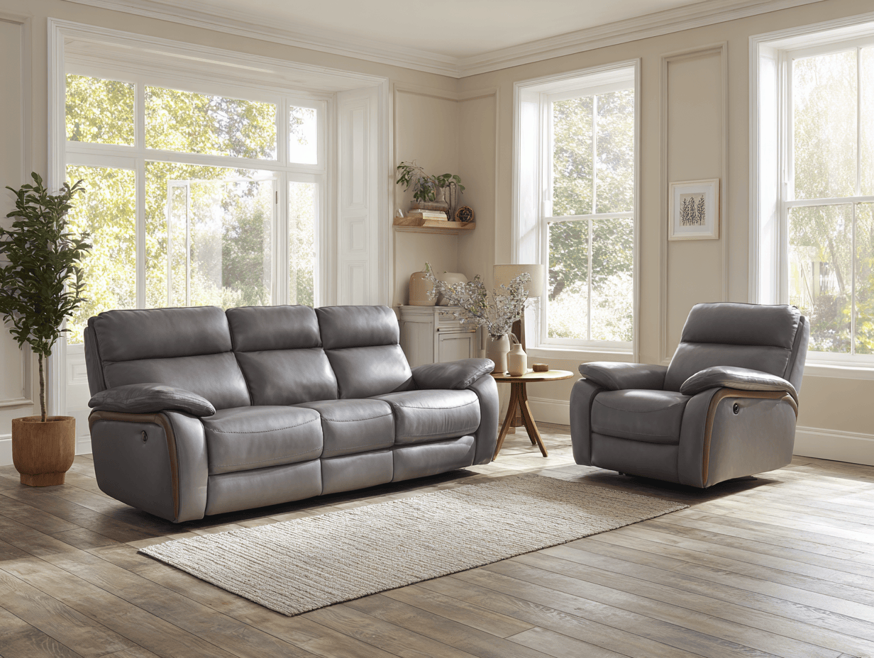 Canapé 3 places en cuir gris avec fauteuil inclinable – design moderne avec pieds en bois-Nicheota