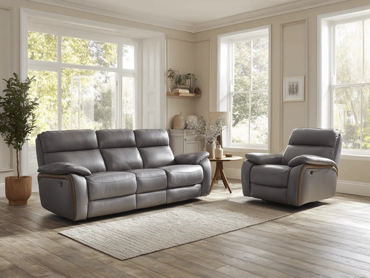 Canapé 3 places en cuir gris avec fauteuil inclinable – design moderne avec pieds en bois-Nicheota