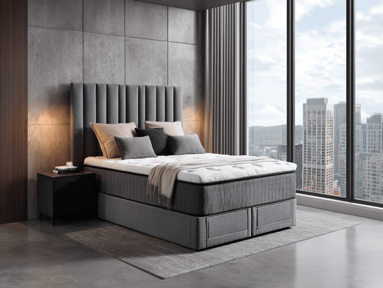 Lit à ressorts avec cadre en tissu gris et tête de lit capitonnée 160x200 cm – design moderne-Nicheota