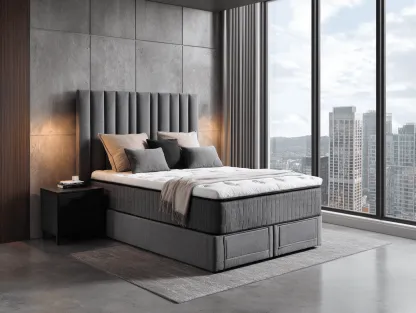 Lit à ressorts avec cadre en tissu gris et tête de lit capitonnée 160x200 cm – design moderne-Nicheota