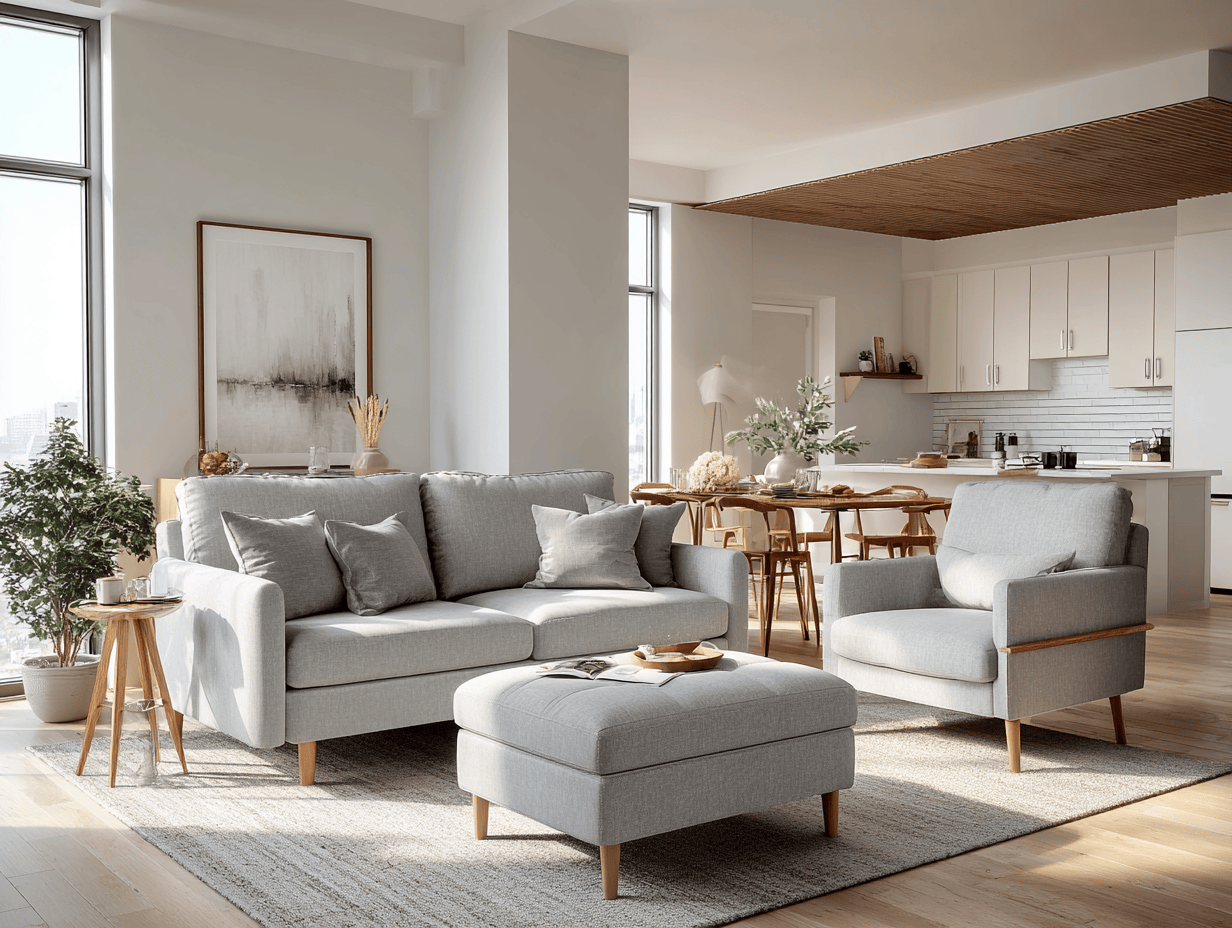 Canapé 3 places 210×90×85 cm avec fauteuil et pouf en tissu gris clair – style scandinave – avec coussins décoratifs-Nicheota