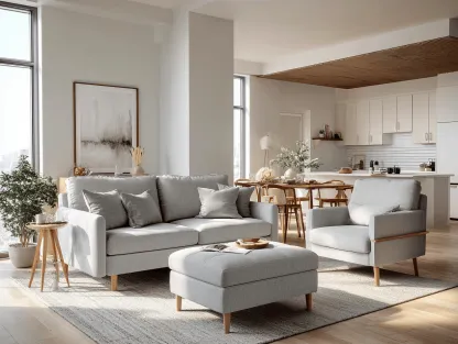 Canapé 3 places 210×90×85 cm avec fauteuil et pouf en tissu gris clair – style scandinave – avec coussins décoratifs-Nicheota