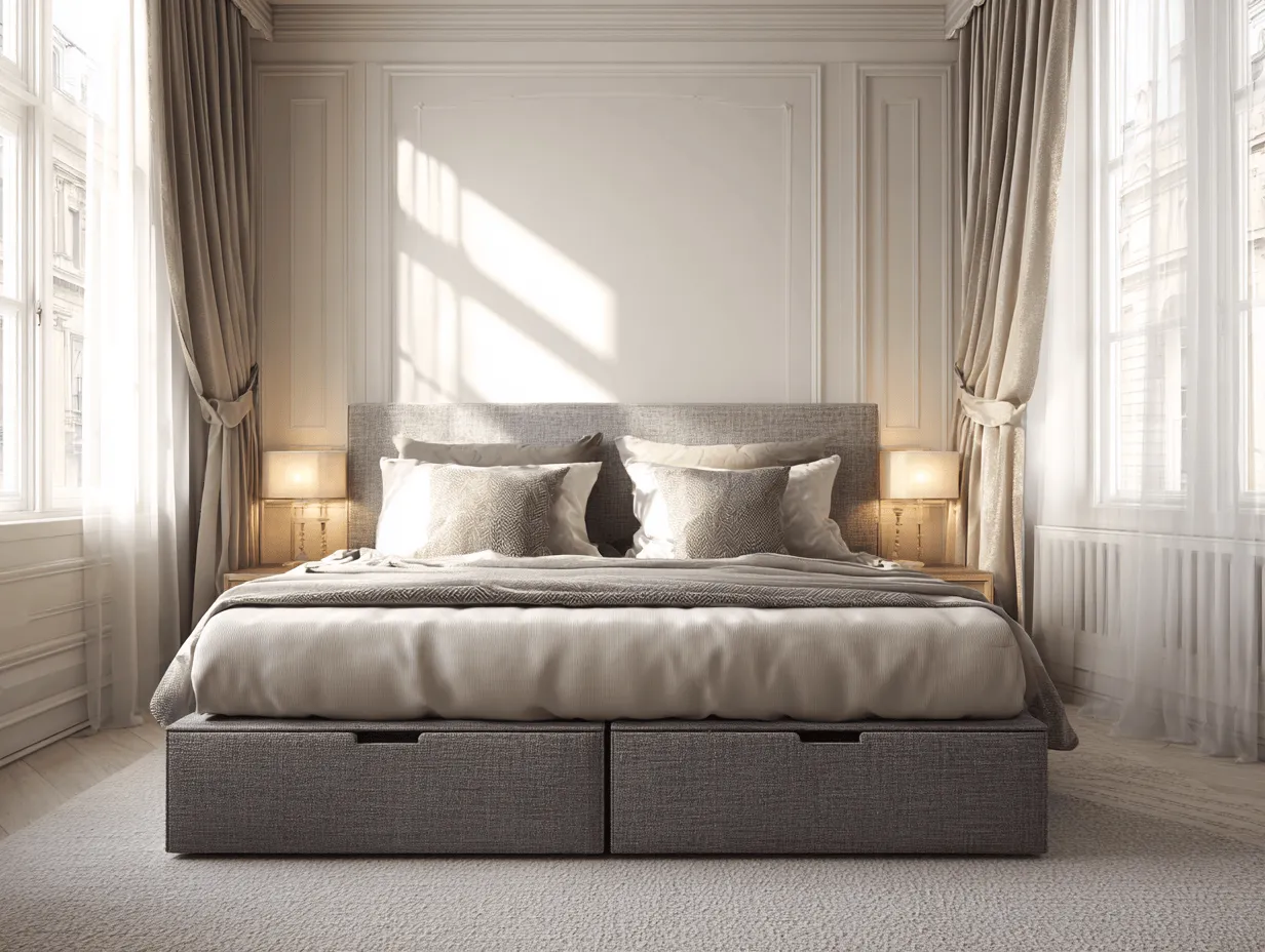 Lit boxspring moderne 160x200 cm – tissu gris – avec matelas et tiroirs de rangement-Nicheota