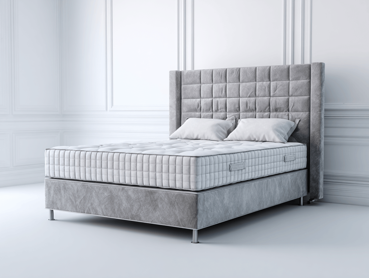 Lit à ressorts 160×200 cm – velours gris clair – avec pieds argentés et tête de lit capitonnée-Nicheota