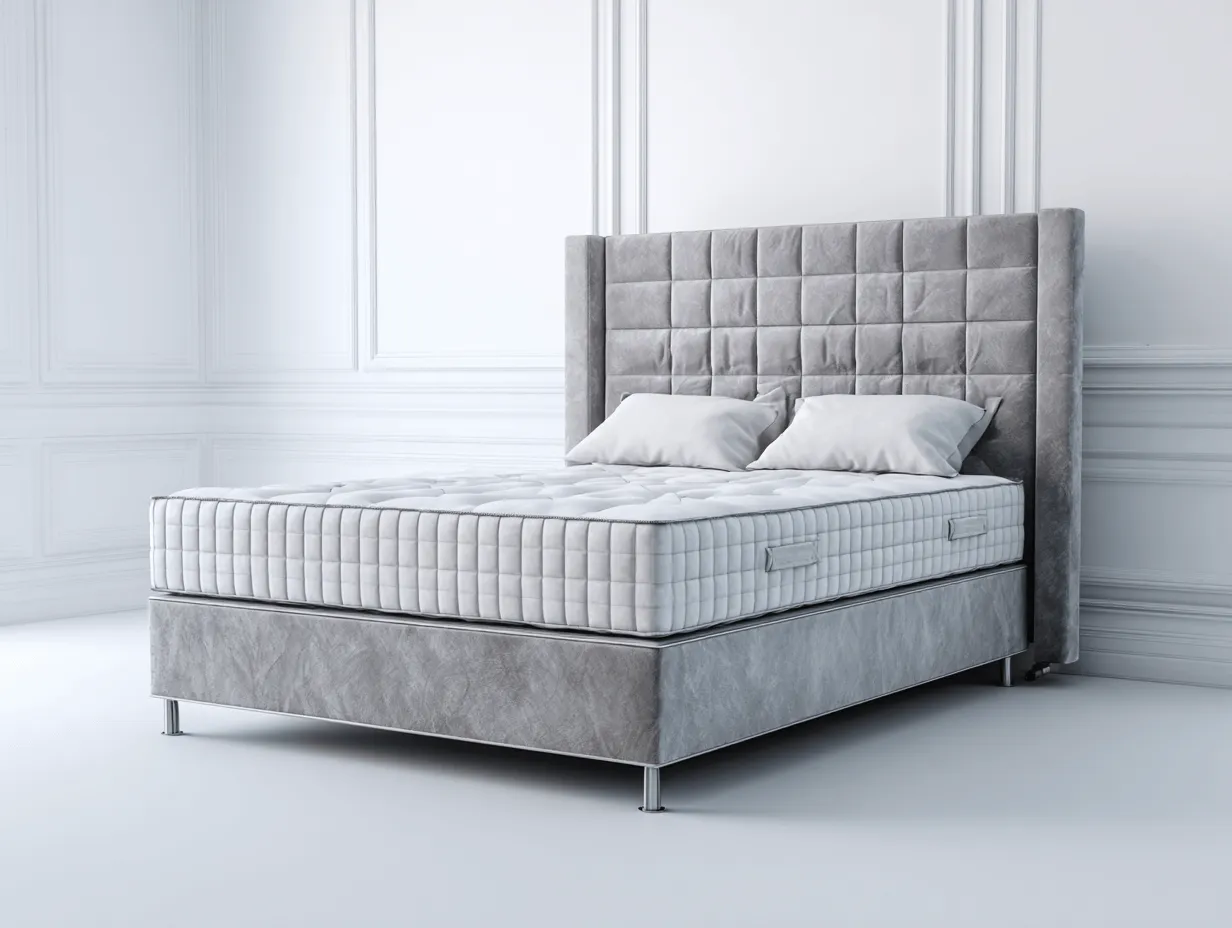 Lit à ressorts 160×200 cm – velours gris clair – avec pieds argentés et tête de lit capitonnée-Nicheota