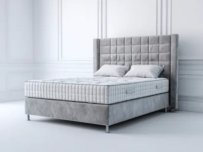 Lit à ressorts 160×200 cm – velours gris clair – avec pieds argentés et tête de lit capitonnée-Nicheota