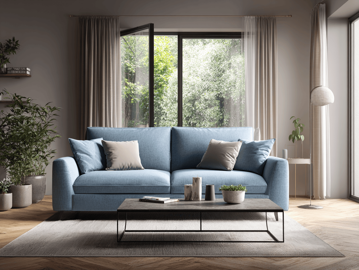 Canapé 3 places en tissu 210×95×95 cm – bleu clair – avec coussins décoratifs-Nicheota