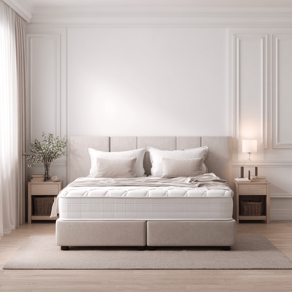 Lit double moderne 160x200 cm – tissu beige sable – tête de lit rembourrée – matelas intégré épais-Nicheota
