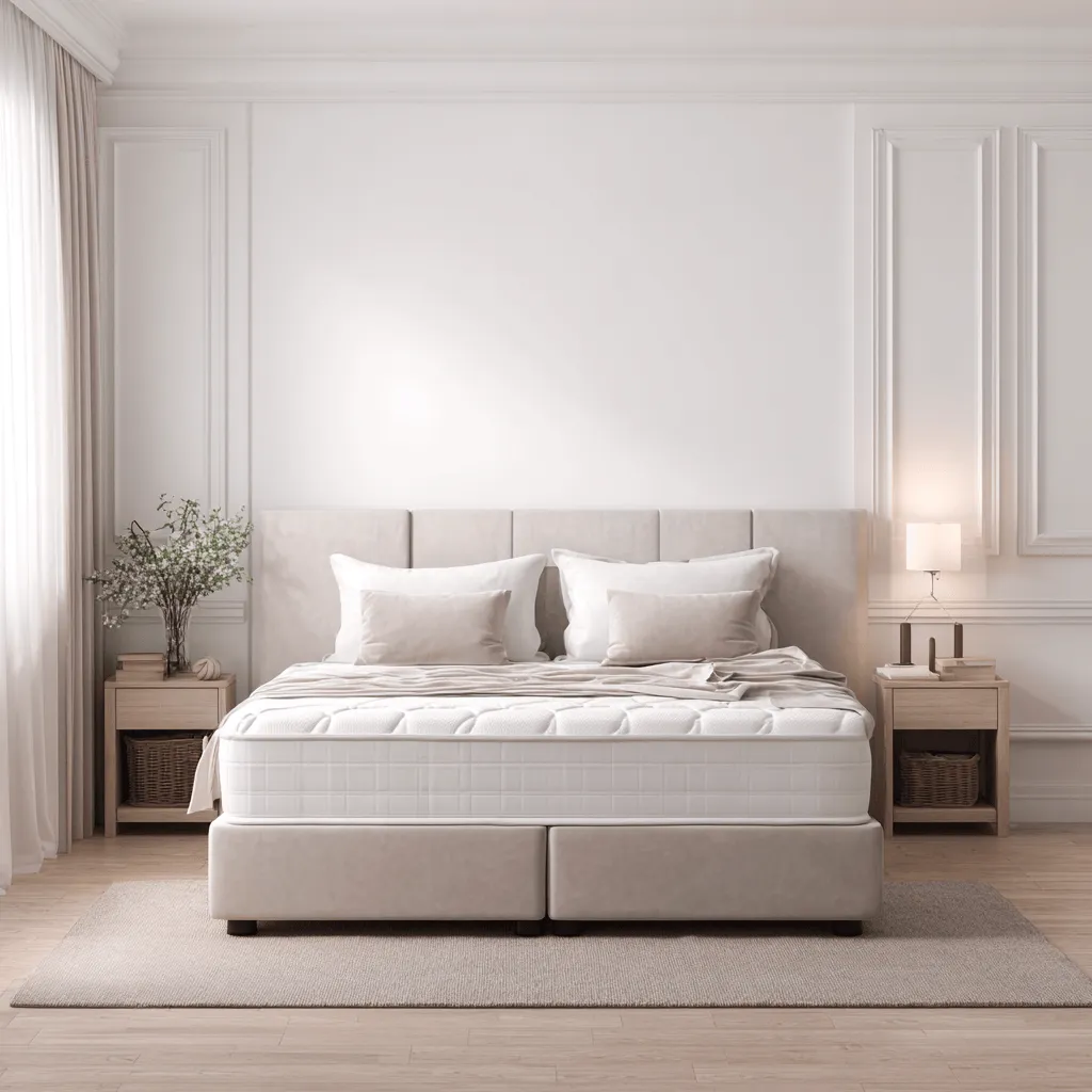 Lit double moderne 160x200 cm – tissu beige sable – tête de lit rembourrée – matelas intégré épais-Nicheota