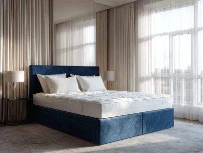 Lit à ressorts avec cadre en velours bleu et tête de lit simple 160x200 cm – avec pieds en métal-Nicheota