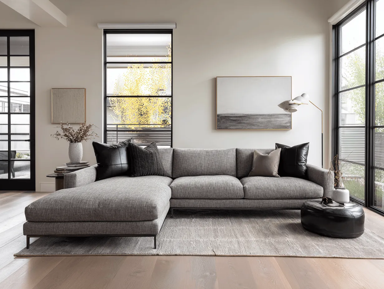 Canapé d'angle tissu 300×200 cm – gris chiné – avec méridienne et coussins-Nicheota