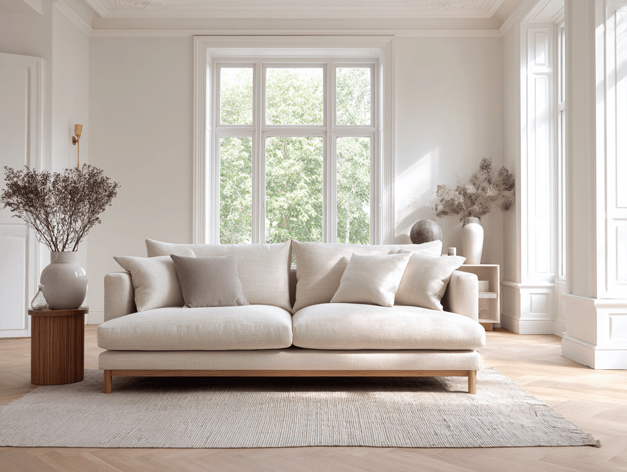 Canapé 3 places en tissu beige clair 235×95×85 cm – style moderne – avec coussins décoratifs-Nicheota