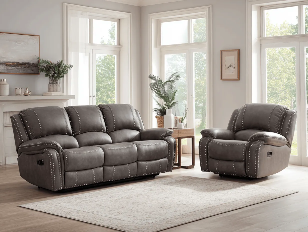 Canapé 3 places en cuir gris avec fauteuil inclinable – design classique avec clous décoratifs-Nicheota