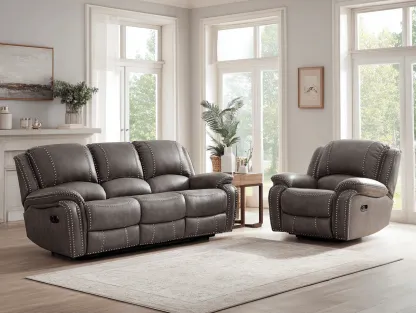 Canapé 3 places en cuir gris avec fauteuil inclinable – design classique avec clous décoratifs-Nicheota