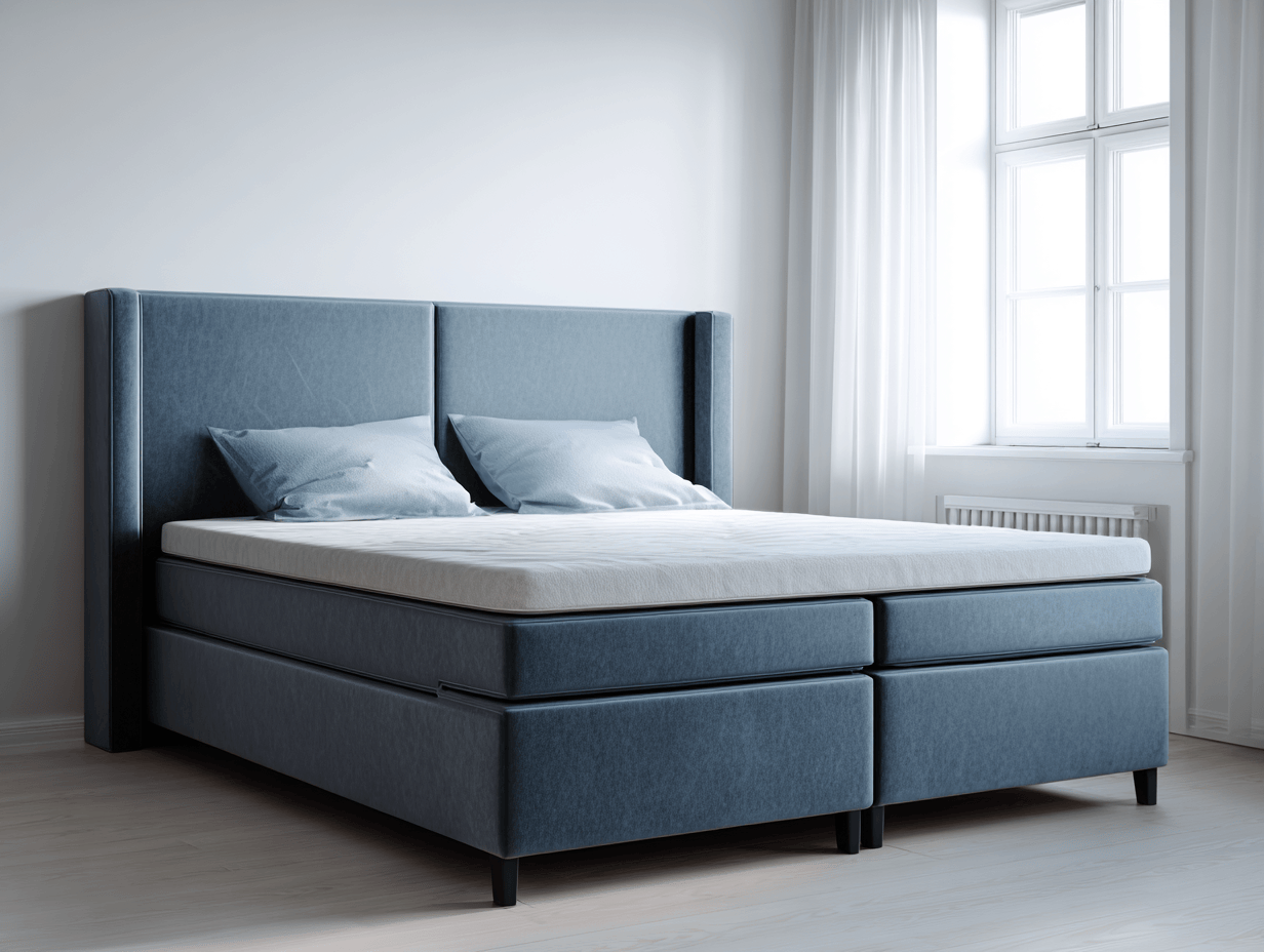 Lit à ressorts avec cadre en tissu bleu et tête de lit capitonnée 160x200 cm – design élégant avec pieds noirs-Nicheota