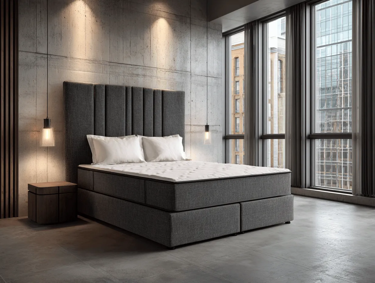 Lit à ressorts avec cadre en tissu gris et tête de lit capitonnée 160x200 cm – design moderne-Nicheota