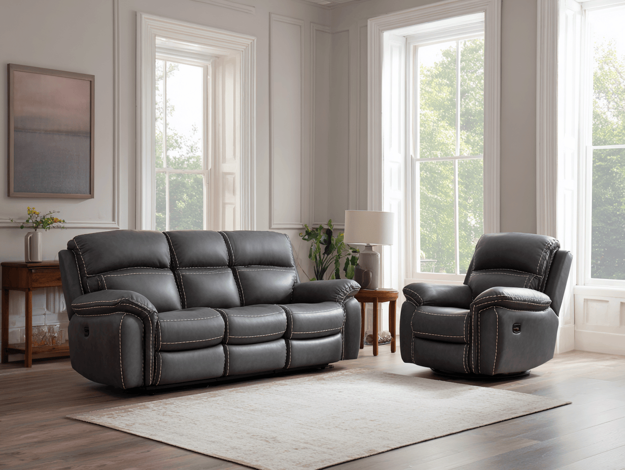 Canapé 3 places en cuir gris avec fauteuil inclinable – design moderne avec surpiqûres blanches-Nicheota