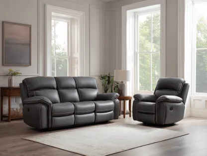 Canapé 3 places en cuir gris avec fauteuil inclinable – design moderne avec surpiqûres blanches-Nicheota