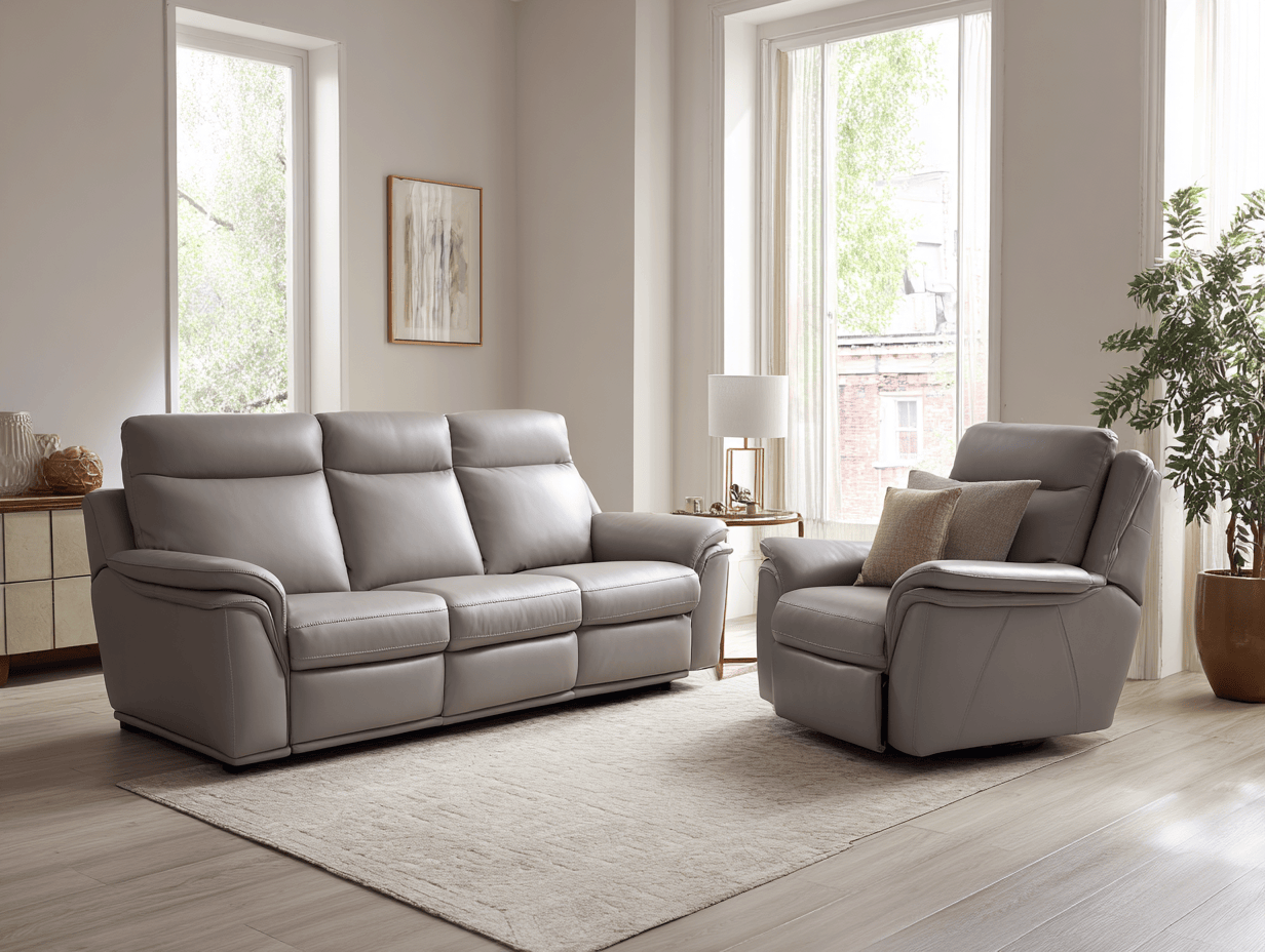 Canapé 3 places en cuir gris avec fauteuil inclinable – design moderne avec pieds en bois – avec coussin décoratif-Nicheota