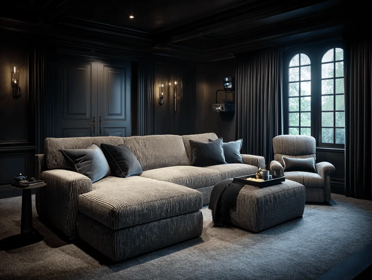 Canapé d’angle 280×160×90 cm avec fauteuil et pouf en tissu gris à rayures – style contemporain – avec coussins décoratifs-Nicheota