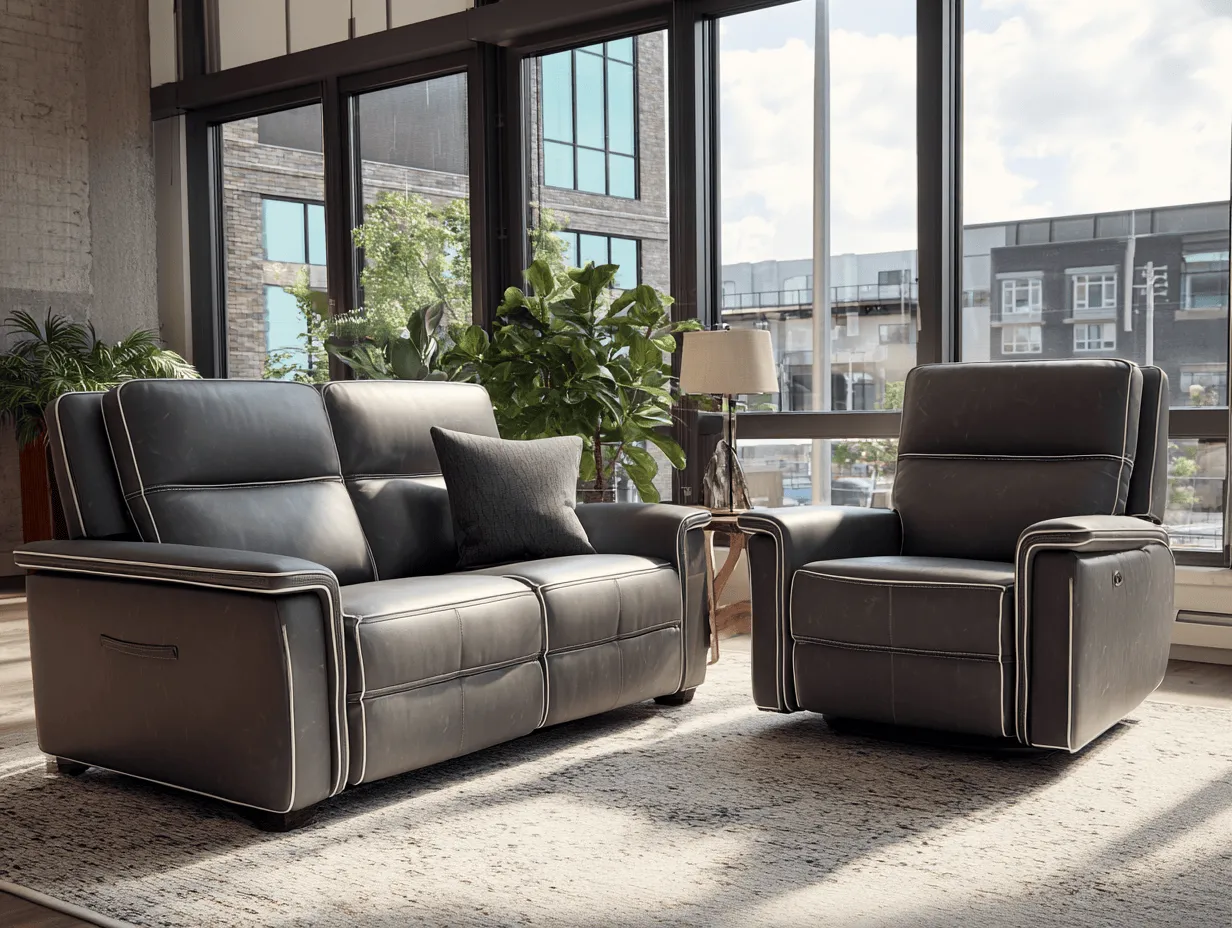 Canapé 2 places en cuir gris avec fauteuil inclinable – design moderne avec surpiqûres blanches et coussin décoratif-Nicheota