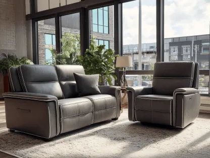 Canapé 2 places en cuir gris avec fauteuil inclinable – design moderne avec surpiqûres blanches et coussin décoratif-Nicheota