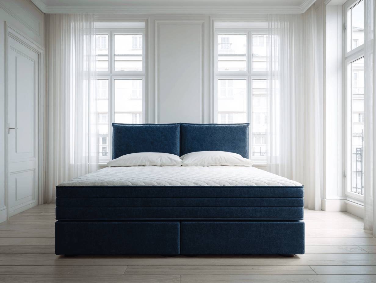 Lit à ressorts avec cadre en velours bleu foncé et tête de lit capitonnée 160x200 cm – design élégant avec matelas intégré-Nicheota