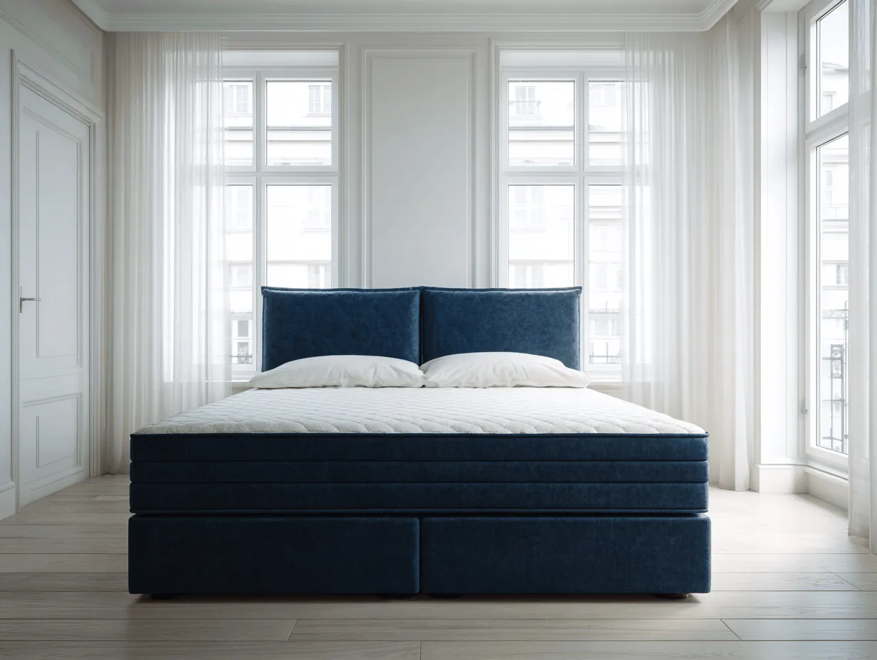 Lit à ressorts avec cadre en velours bleu foncé et tête de lit capitonnée 160x200 cm – design élégant avec matelas intégré-Nicheota