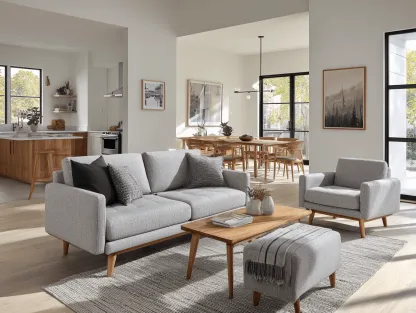 Canapé 3 places 210×90×85 cm avec fauteuil et pouf en tissu gris clair – style moderne – avec coussins décoratifs-Nicheota