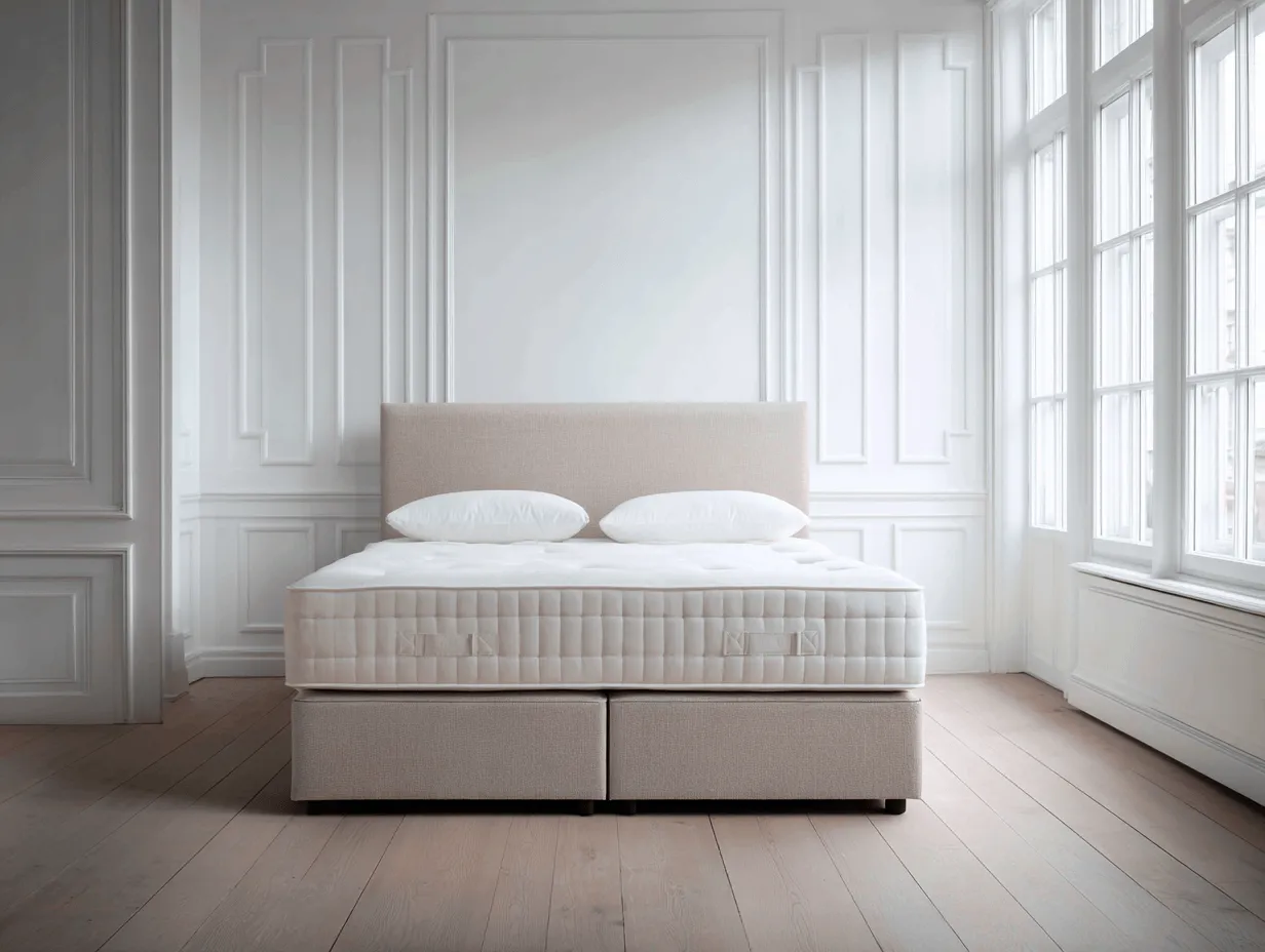 Lit boxspring moderne 180x200 cm – tissu beige clair – matelas blanc épais – confort haut de gamme-Nicheota