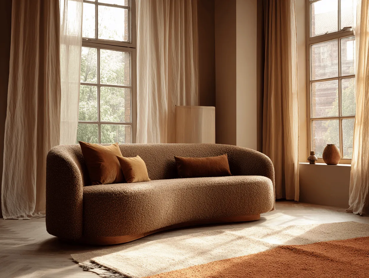 Canapé 3 places en tissu bouclé 220×95×78 cm – brun caramel – design organique avec coussins décoratifs-Nicheota