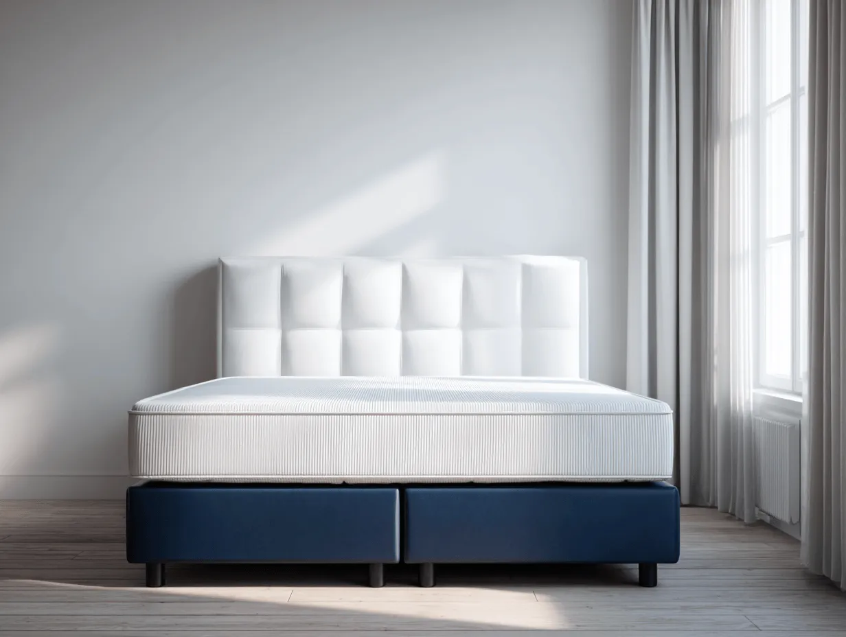 Lit boxspring moderne 160x200 cm – tissu blanc et bleu – sans matelas-Nicheota