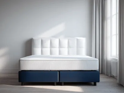 Lit boxspring moderne 160x200 cm – tissu blanc et bleu – sans matelas-Nicheota