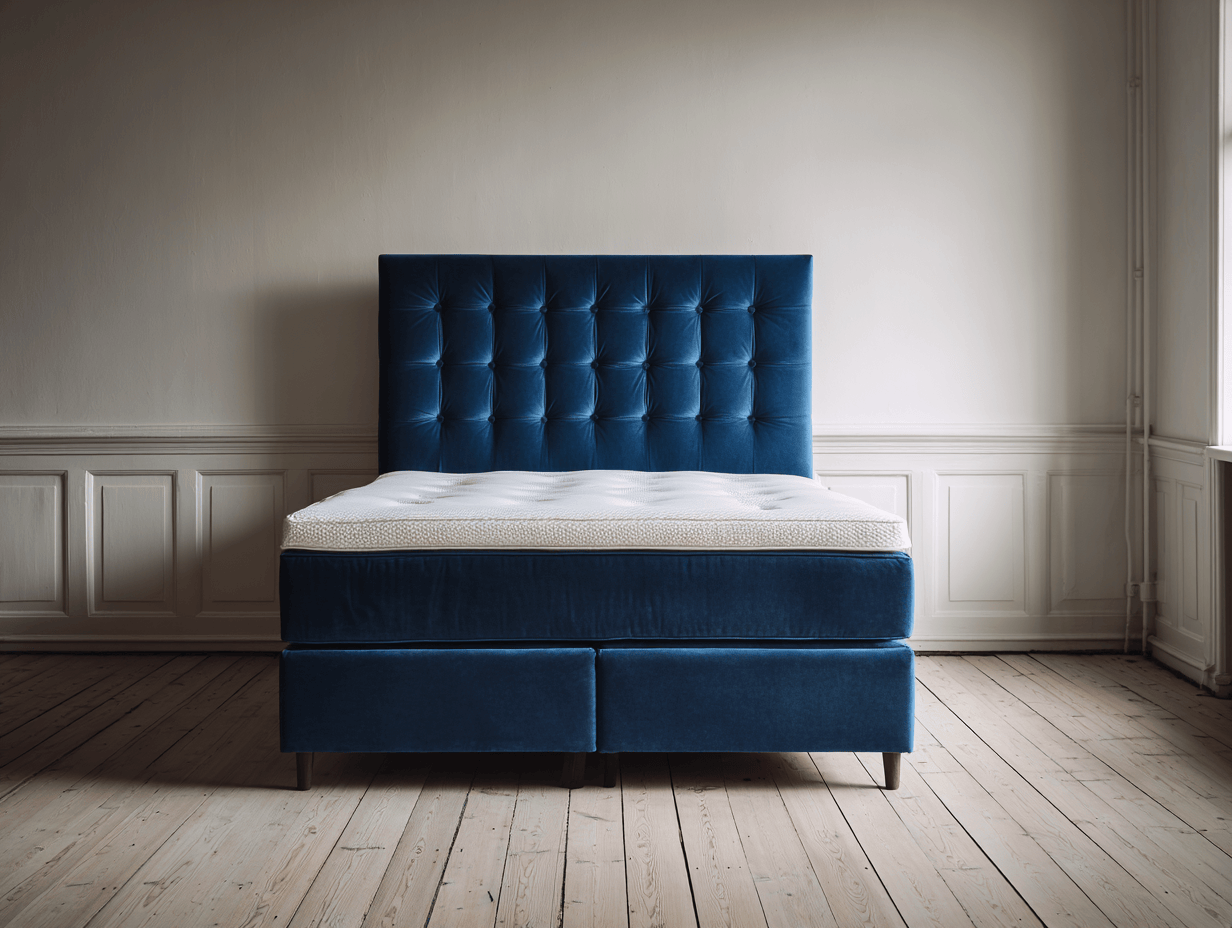 Lit à ressorts avec cadre en velours bleu et tête de lit capitonnée 160x200 cm – avec pieds en bois-Nicheota