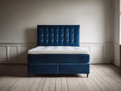 Lit à ressorts avec cadre en velours bleu et tête de lit capitonnée 160x200 cm – avec pieds en bois-Nicheota