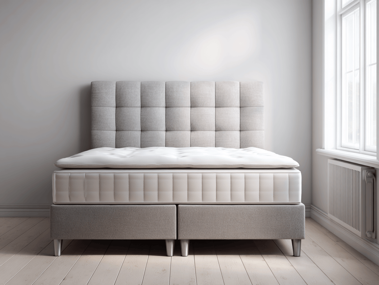 Lit à ressorts 160×200 cm – velours gris clair – avec pieds argentés et tête de lit capitonnée-Nicheota