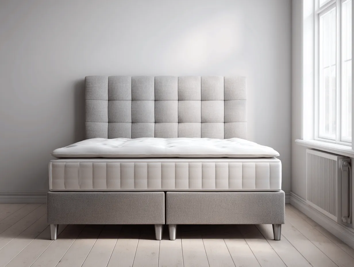 Lit à ressorts 160×200 cm – velours gris clair – avec pieds argentés et tête de lit capitonnée-Nicheota