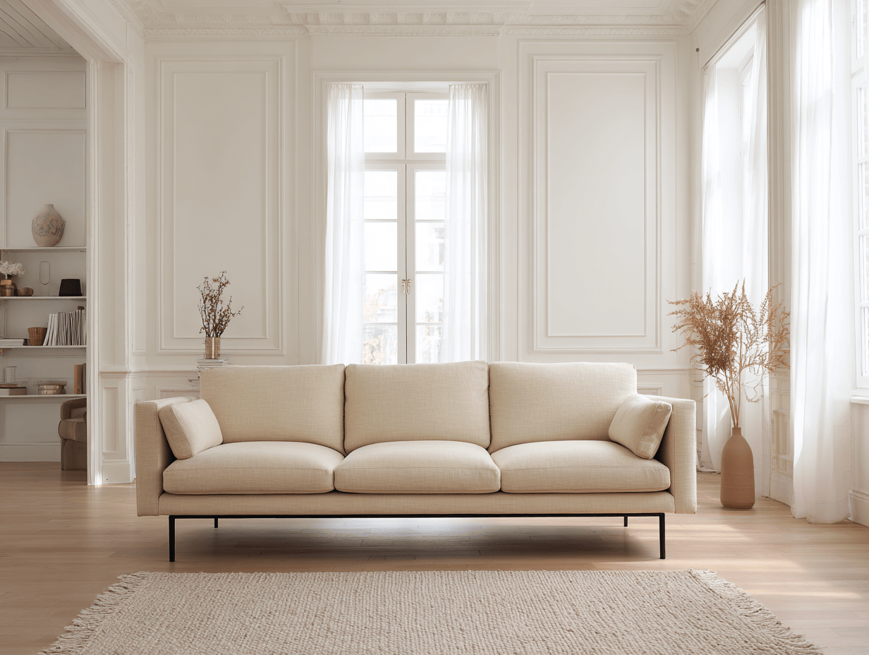 Canapé 3 places en tissu beige 245×95×85 cm – style minimaliste – avec coussins décoratifs-Nicheota