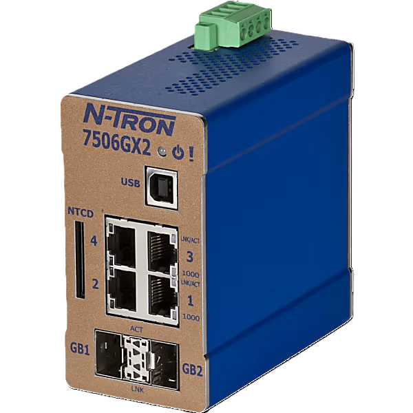 N-TRON 7506GX2 managed industrial Ethernet switch with 6 Gigabit ports in rugged metal housing.
