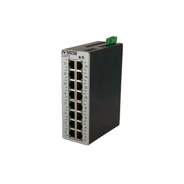 N-TRON 116TX 16-port managed industrial Ethernet switch in rugged metal housing.