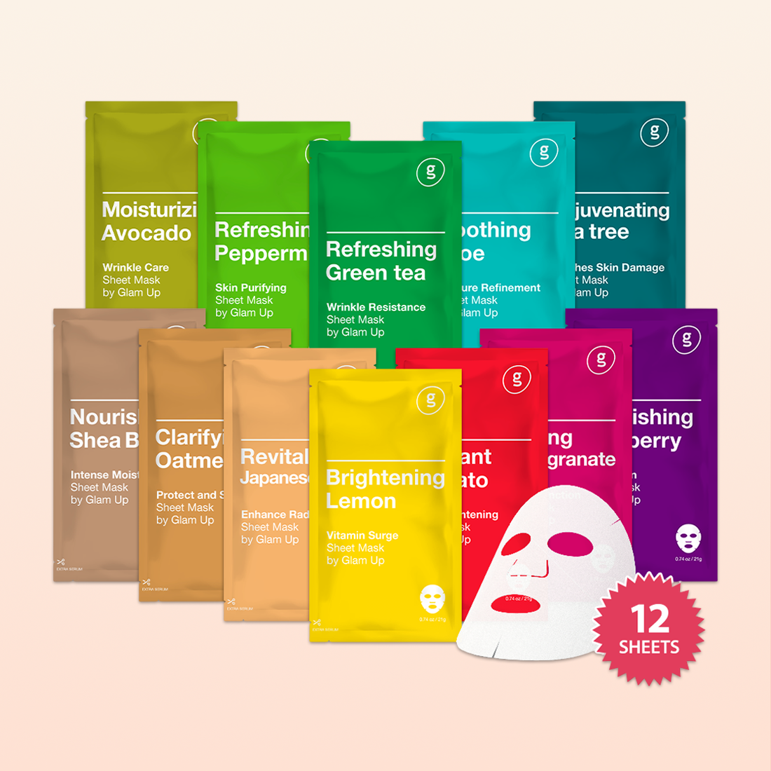GLAM UP Premium Korean Facial Sheet Mask 12 Combo