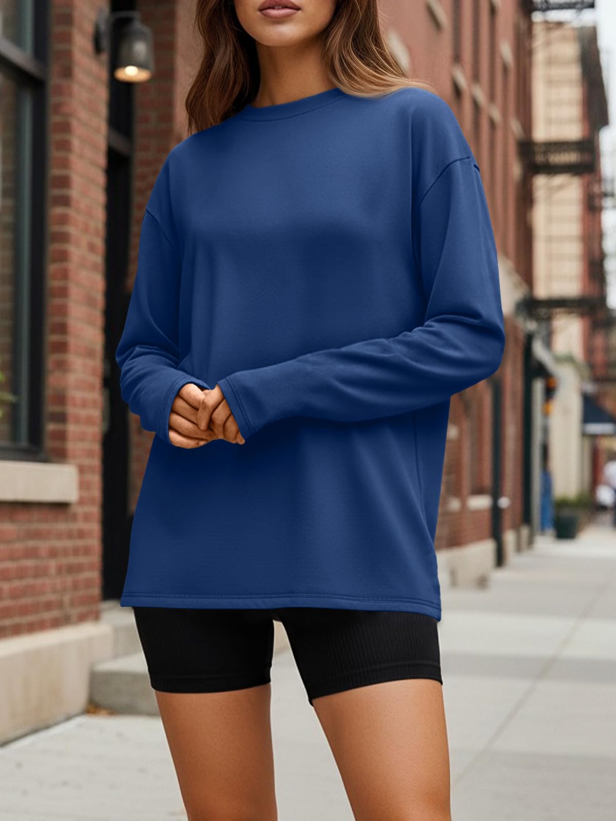 Women Long Sleeve T Shirts Blue 2025 Winter Basic 
