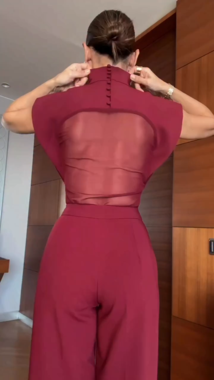 High-Neck Mesh Panel Top & Slit Pants Two-Piece Set